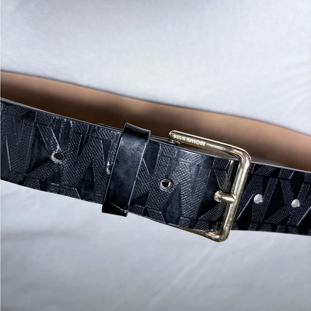 Michael Kors MK Logo‎ Black Synthetic Leather Belt with Gold Buckle